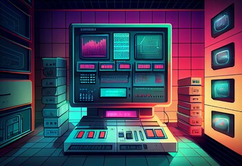 Watercolor Illustration of a Futuristic Retro 80S Stock Market Computer System Display Interior Background. Generative AI