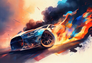 Watercolor Illustration of a 3D Rendering , Sport Car Raceing On Race Track With Fire Burning , Car Wheel Drifting. Generative AI