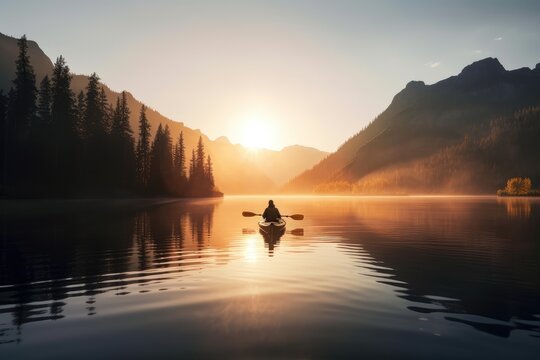 A man travelling in a kayak in a lake at sunrise in mountains is a peaceful and serene scene that captures the beauty and tranquility of nature. Generative AI