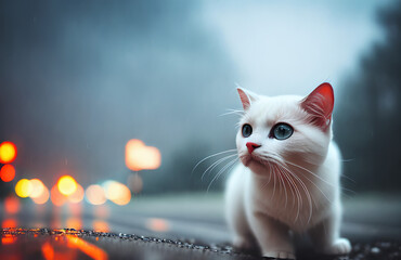 white kitten. Blurred, cloudy background. Generative AI