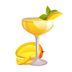 Mango daiquiri.Alcoholic refreshing drink with mint and mango slices.Vector illustration.