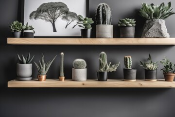 a succulent filled shelf in a Scandinavian interior with a concrete wall. Generative AI