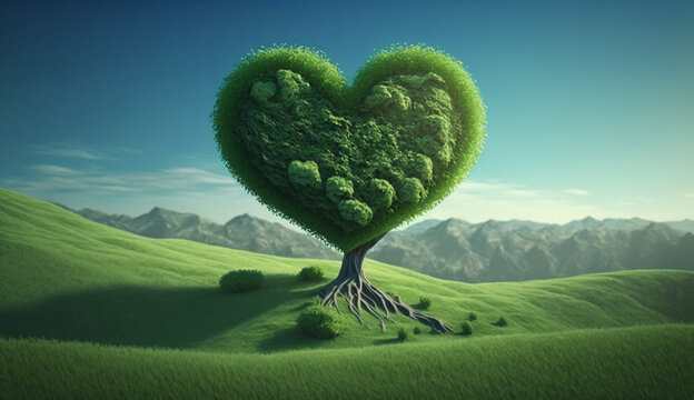 Green grass on slope with heart shape green tree under blue sky