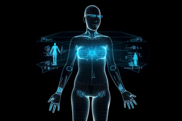 a human body hologram with virtual reality glasses on observing the interior of the body on a blue digital screen