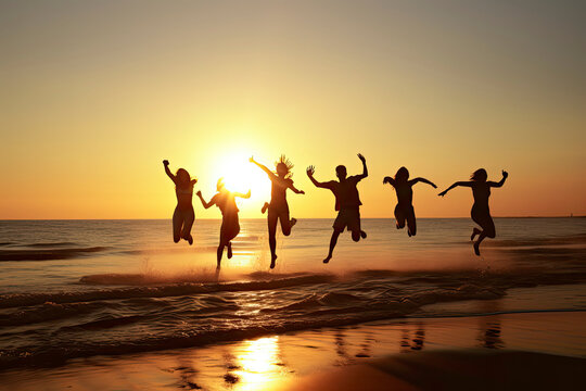 Group of five happy peoples run and jump to sea beach against sunset sun