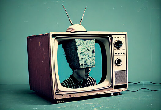 a person with his head inside a television in vintage pop style