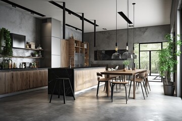 Concrete floor, white walls, black consoles and counters, a bar stand, and a sizable gray table are all features of a contemporary kitchen. an angle. a mockup. Generative AI