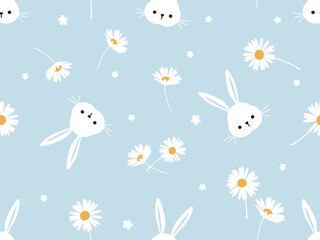 Seamless pattern with bunny rabbit cartoons and daisy flower on blue background vector illustration. Cute childish print.