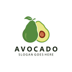 Natural Fresh Avocado Fruit Logo Template. Vector Illustration of Half Avocado Fruit with Leaves.