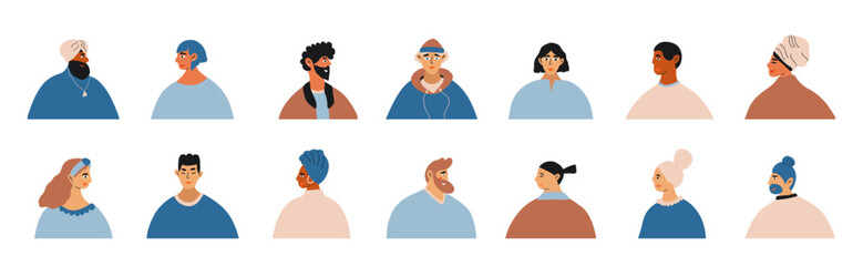 Set diversity persons portrait. Team diverse men and women of different races. Characters bundle of people avatars. Colored vector cartoon illustration.