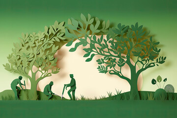 Obraz na płótnie Canvas Arbor day banner. Paper cut illustration of two adult silhouettes planting a small tree in nature for greener the world environment