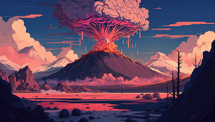 an exploding volcano in the middle of nowhere, smog parts, anime manga artwork