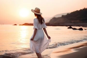 Fototapeta na wymiar Close-up of young woman in white sun dress and with hat in hand walking alone on sandy beach