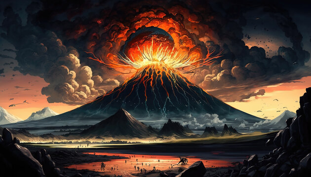 an epic volcano exploding scene in a cartoon anime style