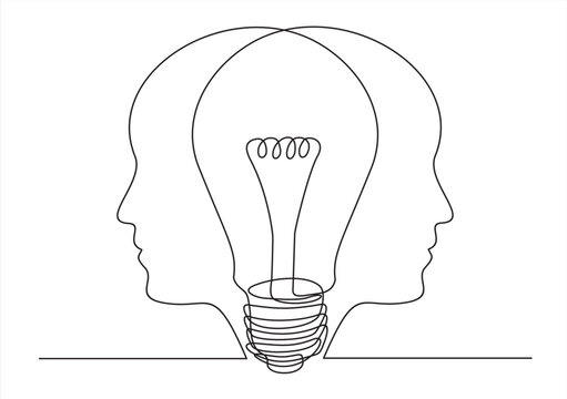 Continuous one line drawing light bulb symbol idea.The concept of thinking ideas inside the person's heads
