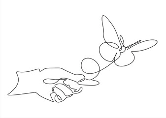 Single continuous line of hand holding butterfly on a white background. Black thin line of the hands with  butterfly. Freedom concept.
