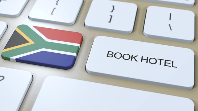 Book hotel in South Africa with website online. Button on computer keyboard. Travel concept 3D animation. Book hotel text and South African national flag
