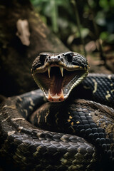 Focus on an angry snake in the jungle. AI Generative.