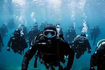 Deurstickers Many scuba divers looking at you. AI Generative. © Johnny Tonnerre