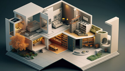 Isometric Model of a Gorgeous Home with Detailed Interiors and Beautiful Landscaping - ai generated