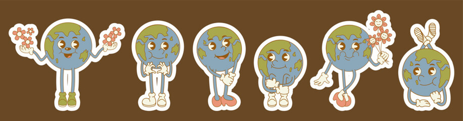 Save the planet stickers in trendy retro cartoon style. World Environment Day. Cute Earth character and mascot.