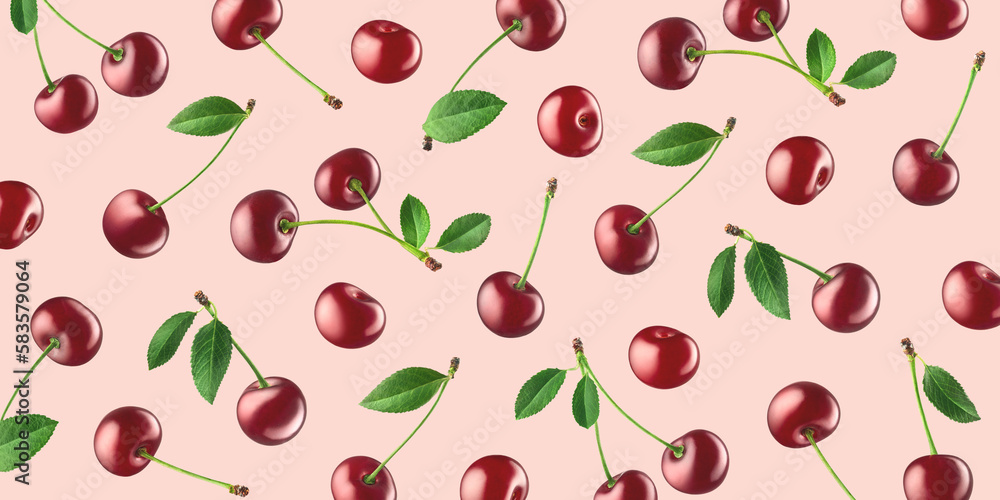 Wall mural fruit pattern of fresh ripe red cherries - Wall murals
