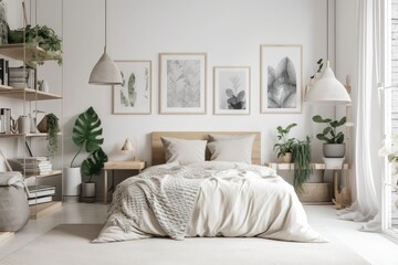 White Scandinavian bedroom with poster above shelves with a lamp, pouf, and leaves. Generative AI