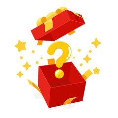 Red mystery gift box with a yellow ribbon on white background. Random secret loot box isometric concept. Vector illustration cartoon flat design. - obrazy, fototapety, plakaty