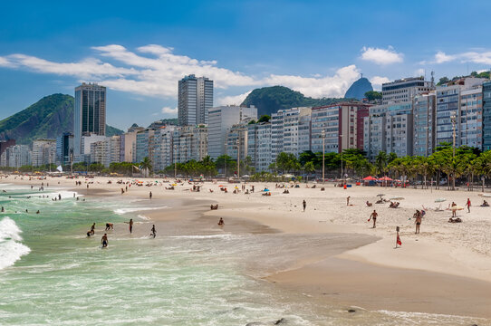 Copacabana beach in Rio de Janeiro, Brazil. Copacabana beach is the most famous beach in Rio de Janeiro. Sunny cityscape of Rio de Janeiro