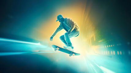 young man playing jumping on skateboard in gradient color.generative ai images