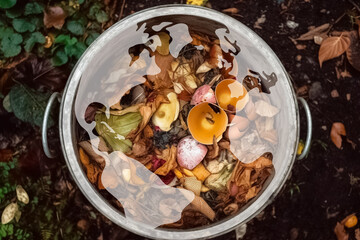 Organic waste in bucket, in form of planet earth with continents, top view, illustration. Generative AI. Environment, environmental, ecology and nature