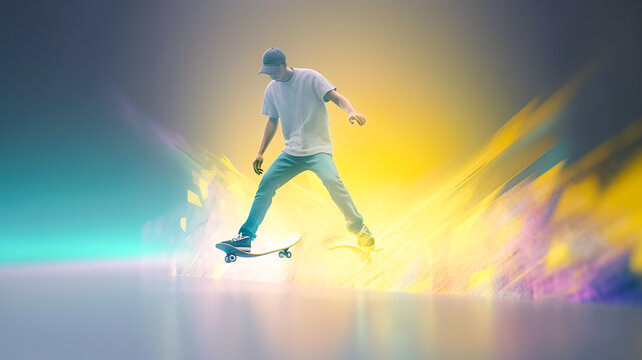 young man playing jumping on skateboard in gradient color.generative ai images