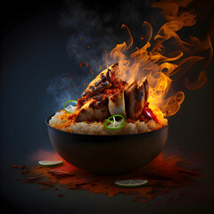 illusion of spice and heat by arranging the chicken and rice in a way that creates a fiery effect using generative art