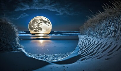  a full moon rises over the ocean and beach at night.  generative ai