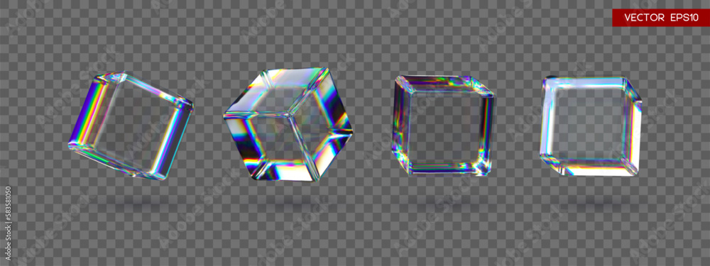 Poster set of 3d transparent glossy cubes with dispersion effect. rainbow colors reflection glass. vector i
