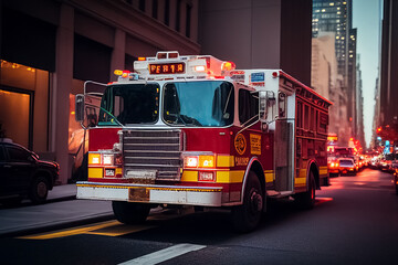 Fire Truck in New york. Firefighters Rescue after Fire Alarm went off at building. Firemen at apartment fire. Accodent on Street in NYC, firefighters and extinguish fire, Ai Generative illustration.