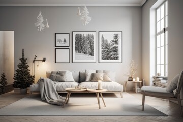 Living room mock up of a frame. Holiday interior Scandinavian design. Generative AI