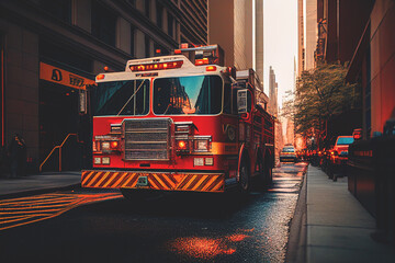 Fototapeta na wymiar Fire Truck in New york. Firefighters Rescue after Fire Alarm went off at building. Firemen at apartment fire. Accodent on Street in NYC, firefighters and extinguish fire, Ai Generative illustration.