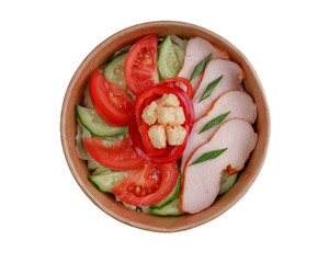 Salad with smoked chicken breast, Bulgarian pepper, cucumber, tomato, iceberg lettuce, croutons, mayonnaise
white for online restaurant website on white background 4
