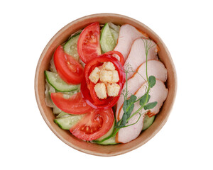 Salad with smoked chicken breast, Bulgarian pepper, cucumber, tomato, iceberg lettuce, croutons, mayonnaise
white for online restaurant website on white background 3