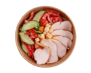 Salad with smoked chicken breast, Bulgarian pepper, cucumber, tomato, iceberg lettuce, croutons, mayonnaise
white for online restaurant website on white background 2