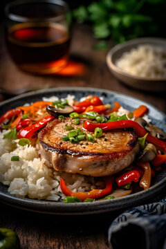 Pork chop with peppers, mushrooms and bamboo. Served with rice. (generative ai)