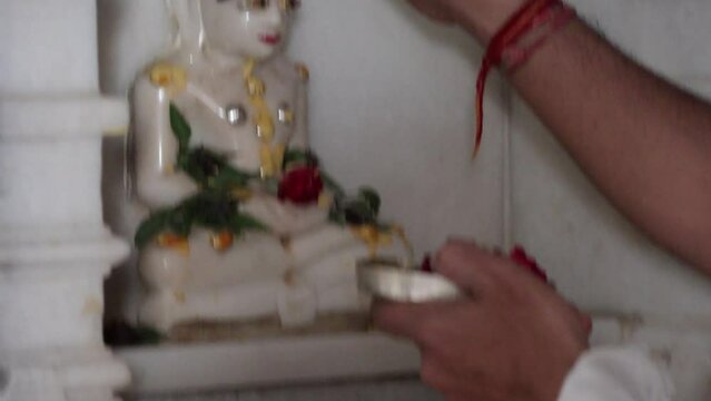 Hatundi, Bijapur, Rajasthan, India 12th March 2023: Shri Hathundi  Rata Mahaveerji Teerth. Visuals of one of the oldest Jain architecture temples, paintings and artifacts. Mahaveer Swami. Jain Dharma