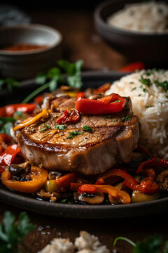 Pork chop with peppers, mushrooms and bamboo. Served with rice. (generative ai)