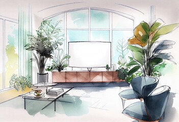 Watercolor Illustration of a Video Conference, Zoom Background: A Futuristic Living Room With Plants, Large Window. Generative AI