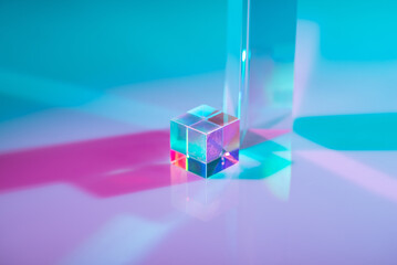 Glass crystal prism. Multicolor light effect