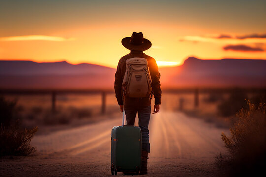 Traveler with suitcase. Traveler with hat on road, back view. Person with suitcase walking by desert. Tourist on Walking Travel trip. Vacation, suitcases, travel bag. Missed on train. AI Generate