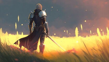 knight warrior standing with sword in field, illustration painting, Generative AI