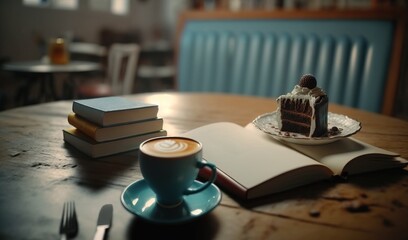 Obraz na płótnie Canvas a cup of coffee sitting next to a book and a piece of cake. generative ai