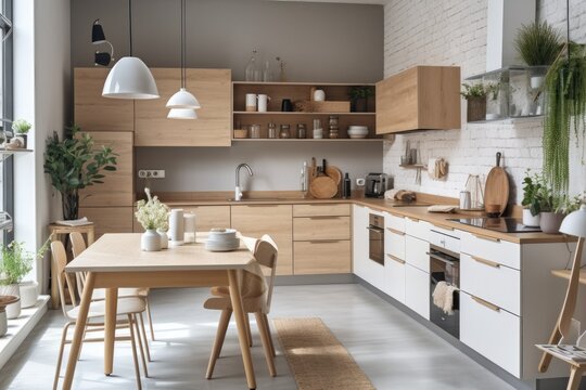 Interior of a contemporary Scandinavian kitchen with many accessories. White kitchen furnishings with cabinets containing domestic belongings and a wooden dining table, panorama. Generative AI